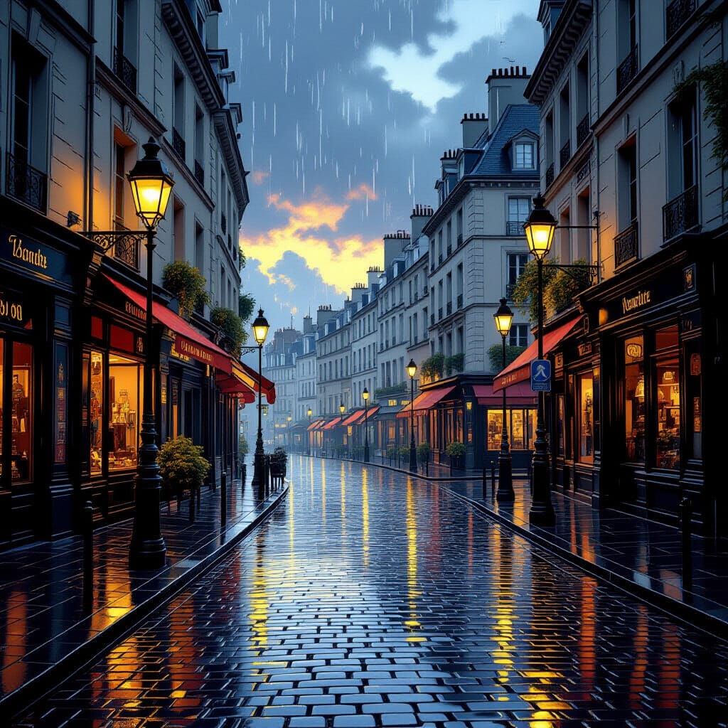 Rainy Parisian Street Scene in Golden Hour Light