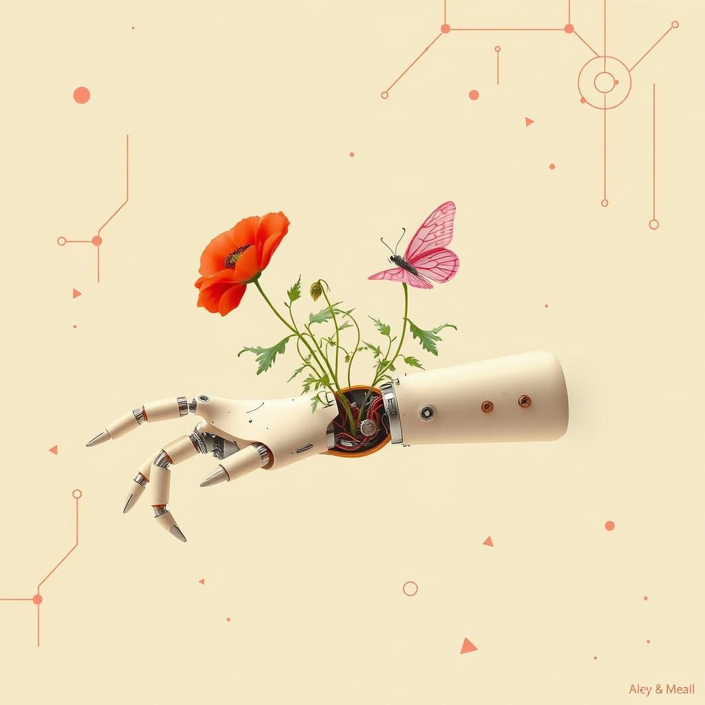 Stylized Futuristic Robot with Natural Elements in Soft Past...