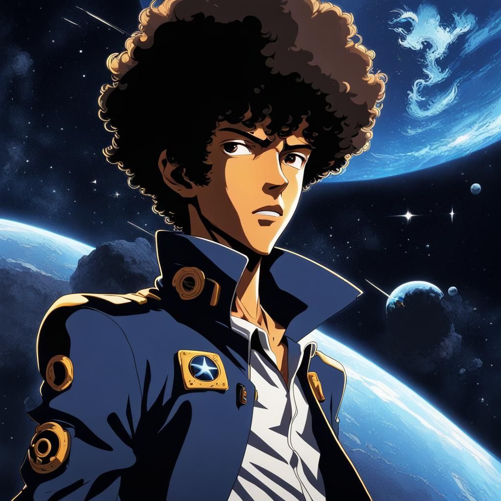 detailed afro Spike Spiegel in deep space, Cowboy Beebop,  by artist "anime", Anime Key Visual, Japanese Manga, Pixiv, Z...