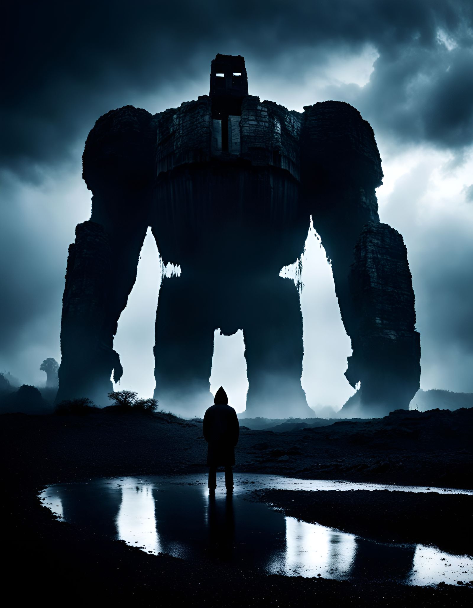 Ominous Colossal Figure over Rainy Horizon