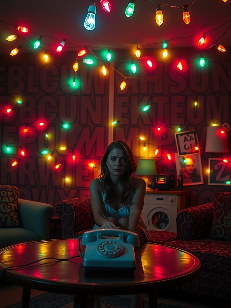 Eerie 1980s Living Room with Christmas Lights