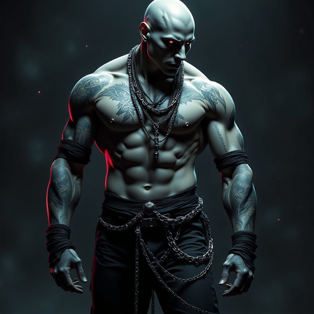 Androgynous Dark Hunter with Intricate Chains and Ethereal E...