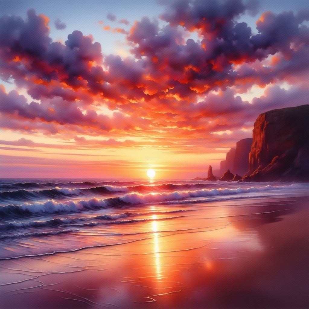 Dramatic Sunset Over Ocean Waves and Rocky Coastline