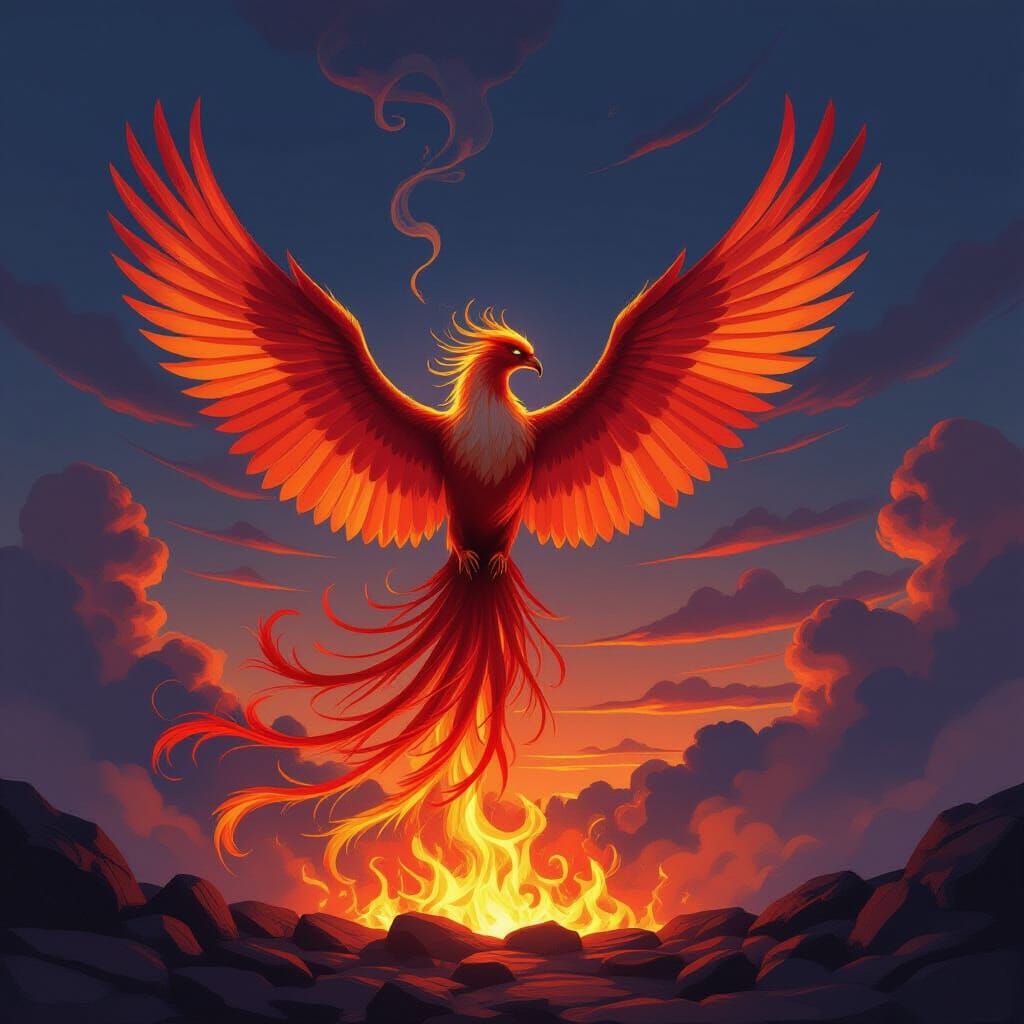 Majestic Phoenix Rises from Embers in Oil Painting Style