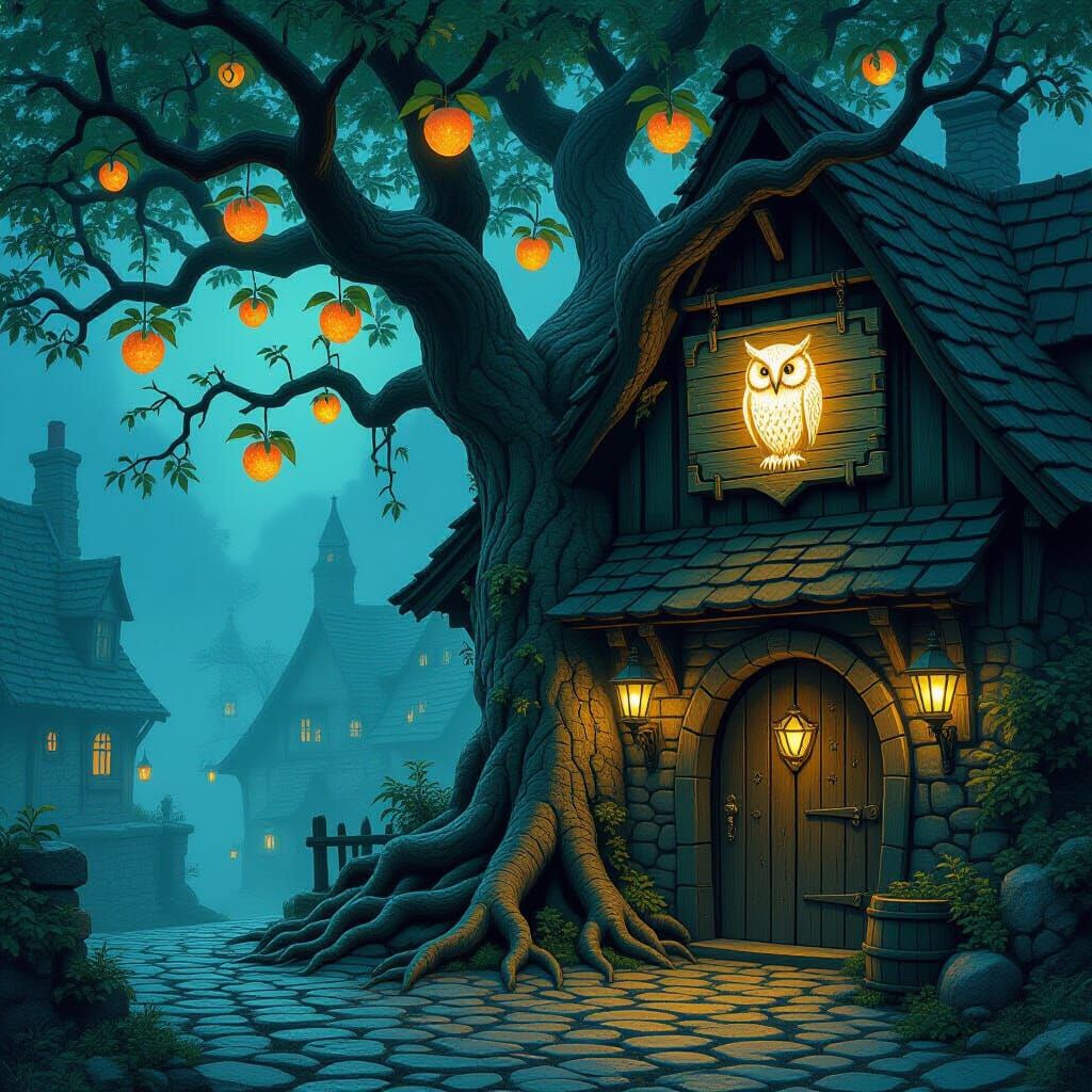 Ancient Tree Tavern Entrance with Celestial Fruits