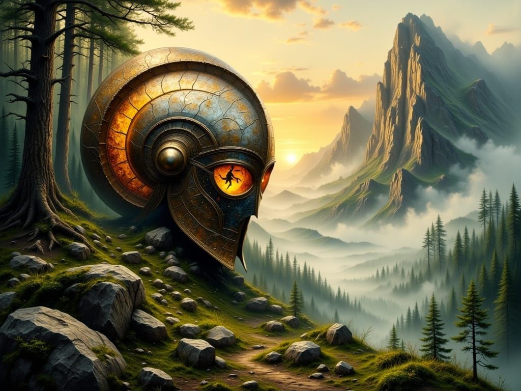 Knight's Helmet in Mountain Landscape at Sunrise
