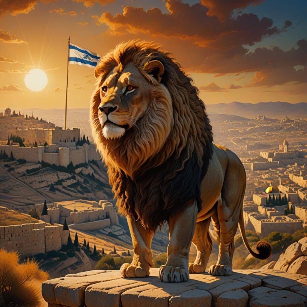 Lion Overlooking Jerusalem in Fantasy Realism Style