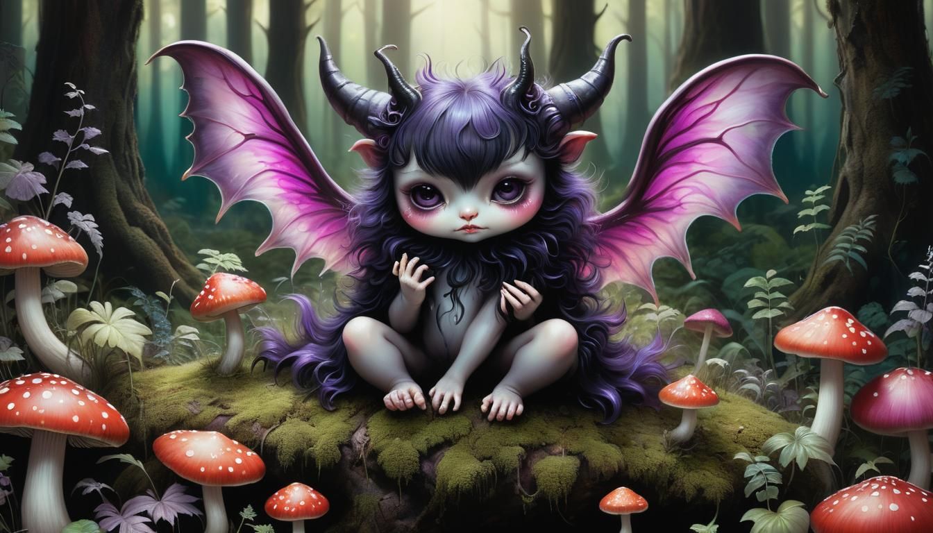 Cute Fluffy Devil on Mushroom in Surrealist Dreamscape