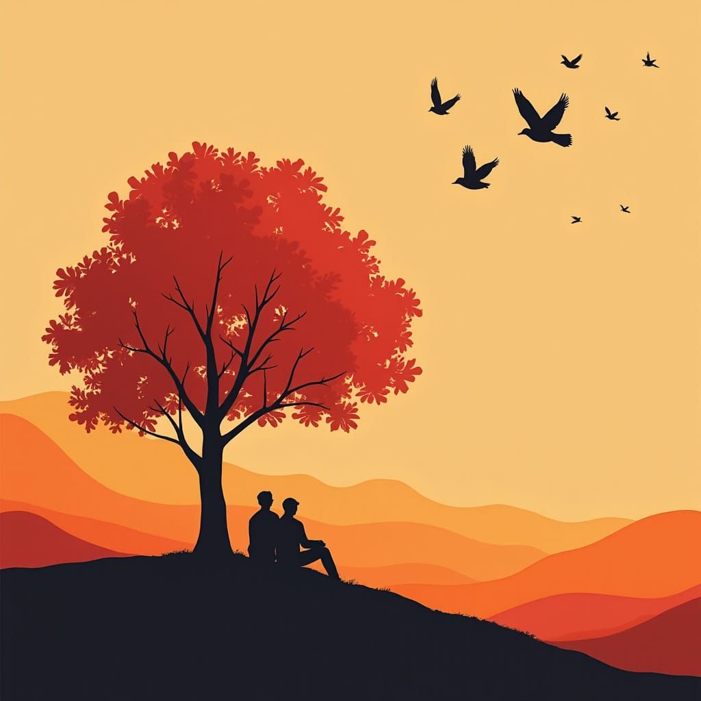 Abstract Harmony: People Under a Red Tree