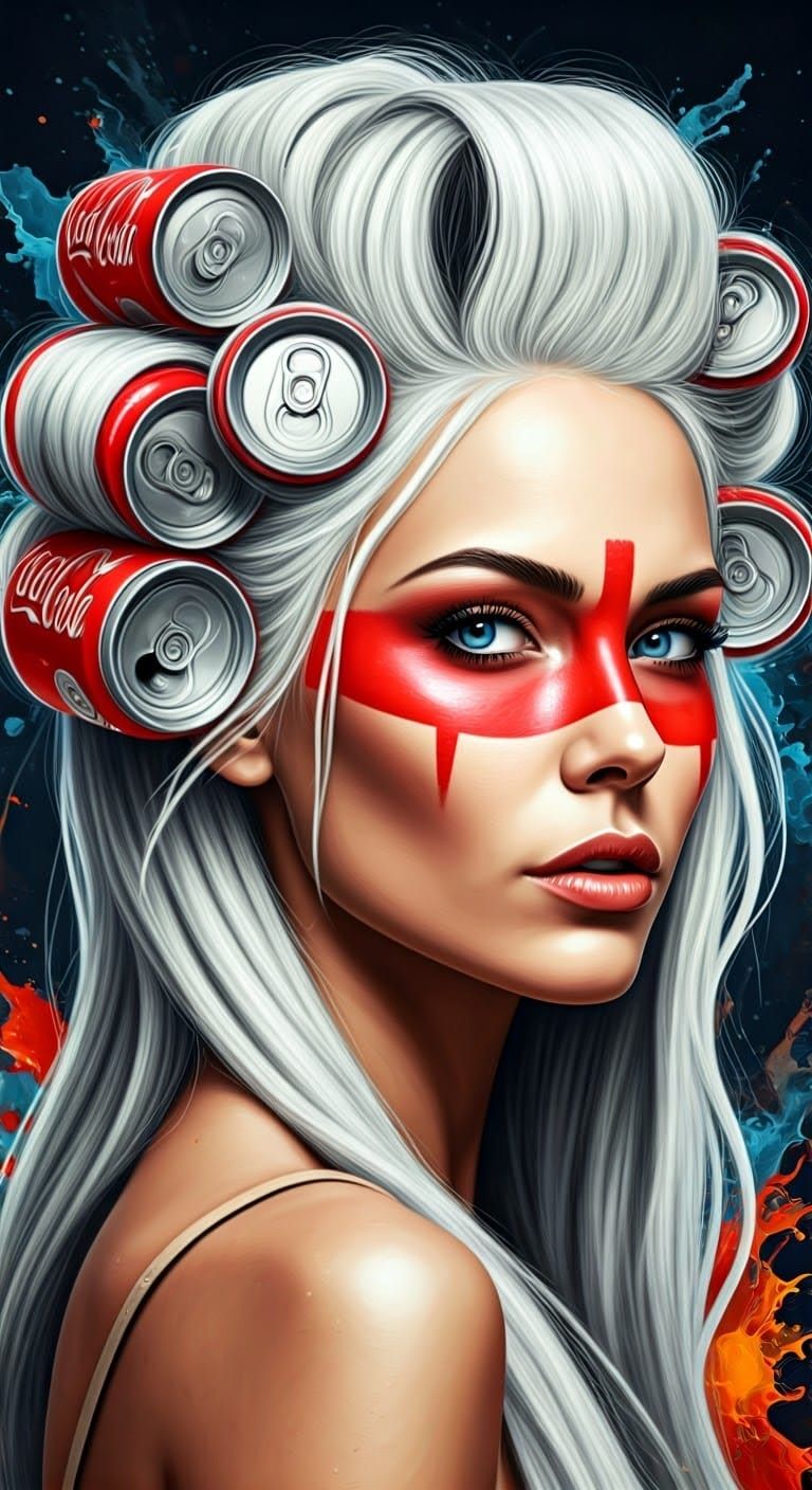 Woman with Coke Can Hair Rollers: Hyperrealistic Digital Art