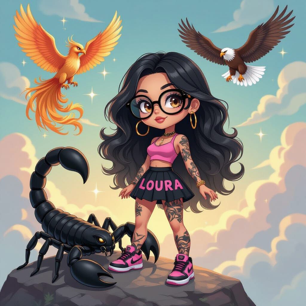Chibi Woman with Scorpion in Surreal Oil Painting Style