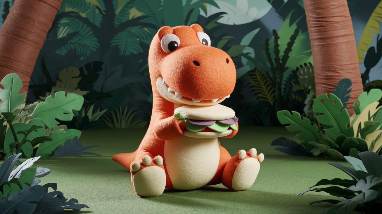 Friendly Felt Tyrannosaur Enjoying a Felt Sandwich