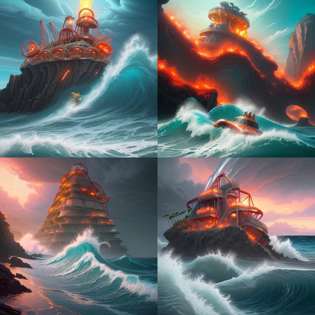 Surreal Landscape with Volcanoes and Rollercoasters