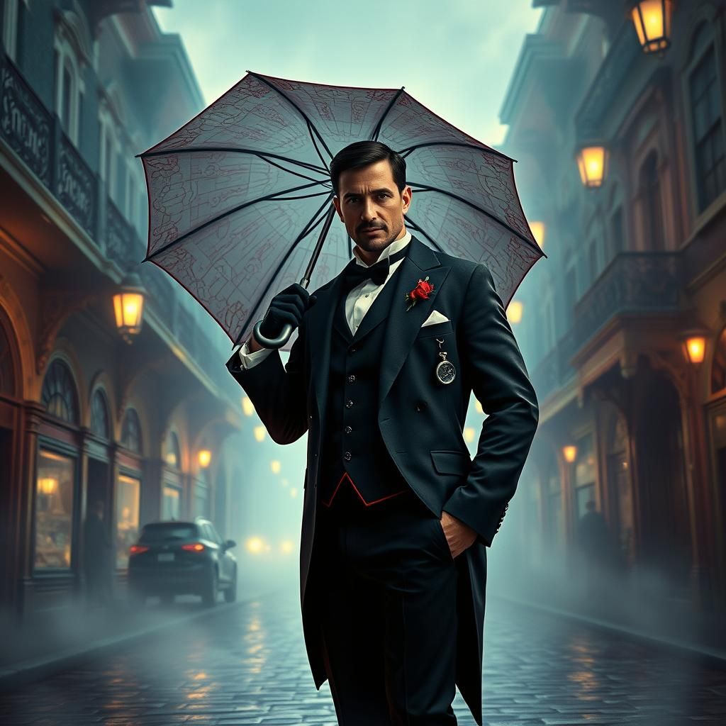 Victorian Gentleman with Umbrella in Misty Streetscape