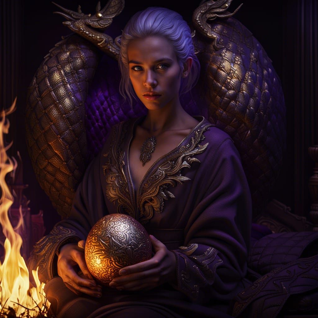 Silver Haired Woman with Dragon Egg in Dark Chamber