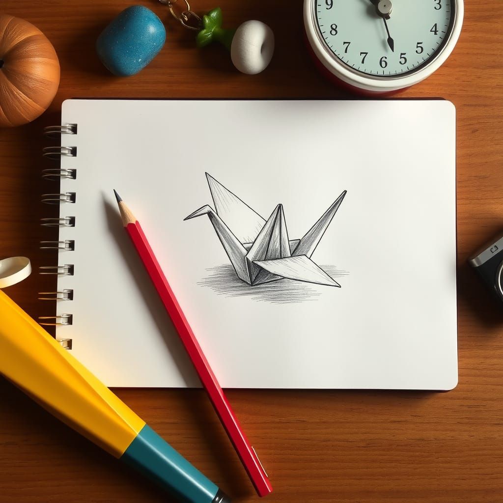 Detailed Pencil Drawing of a Paper Crane