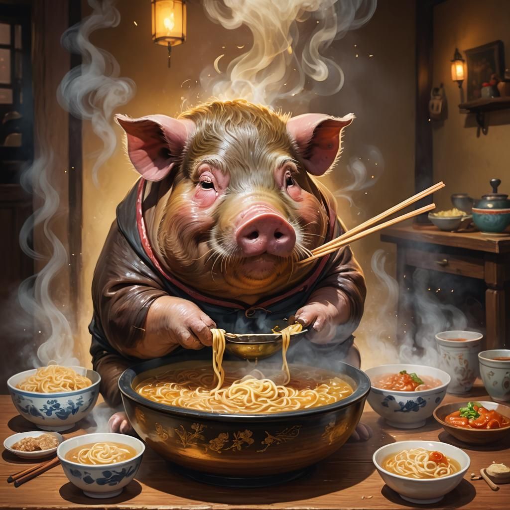 Playful Pig Eating Noodles: Digital Painting