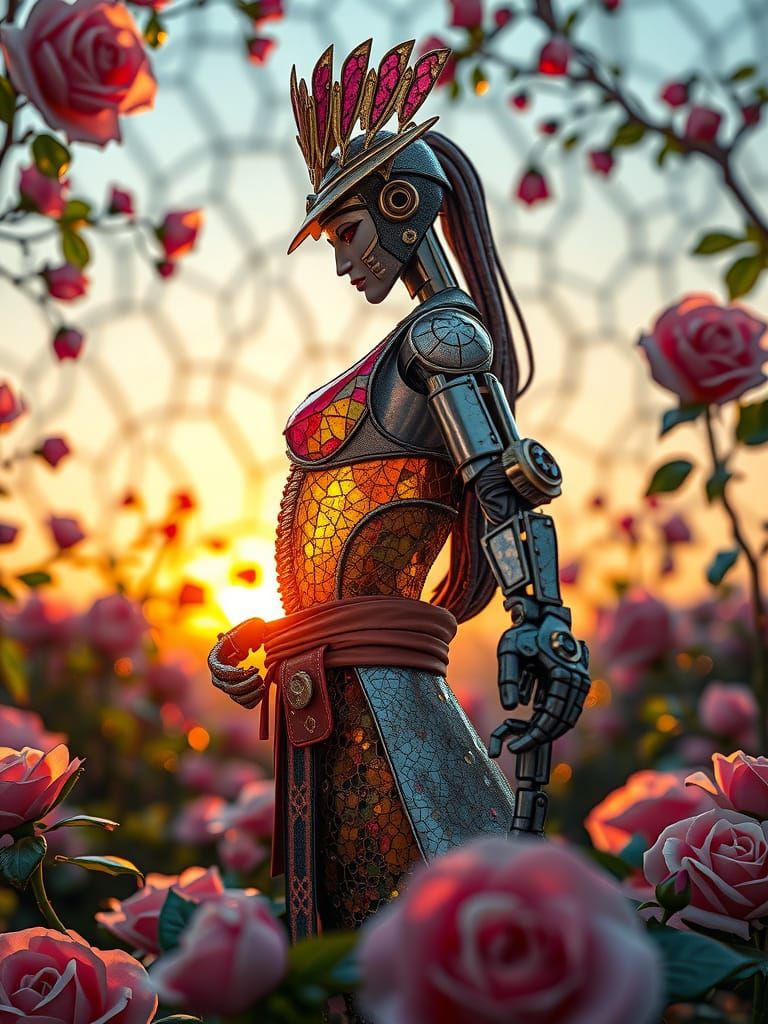Steampunk Robot Samurai Princess in Stained Glass Garden