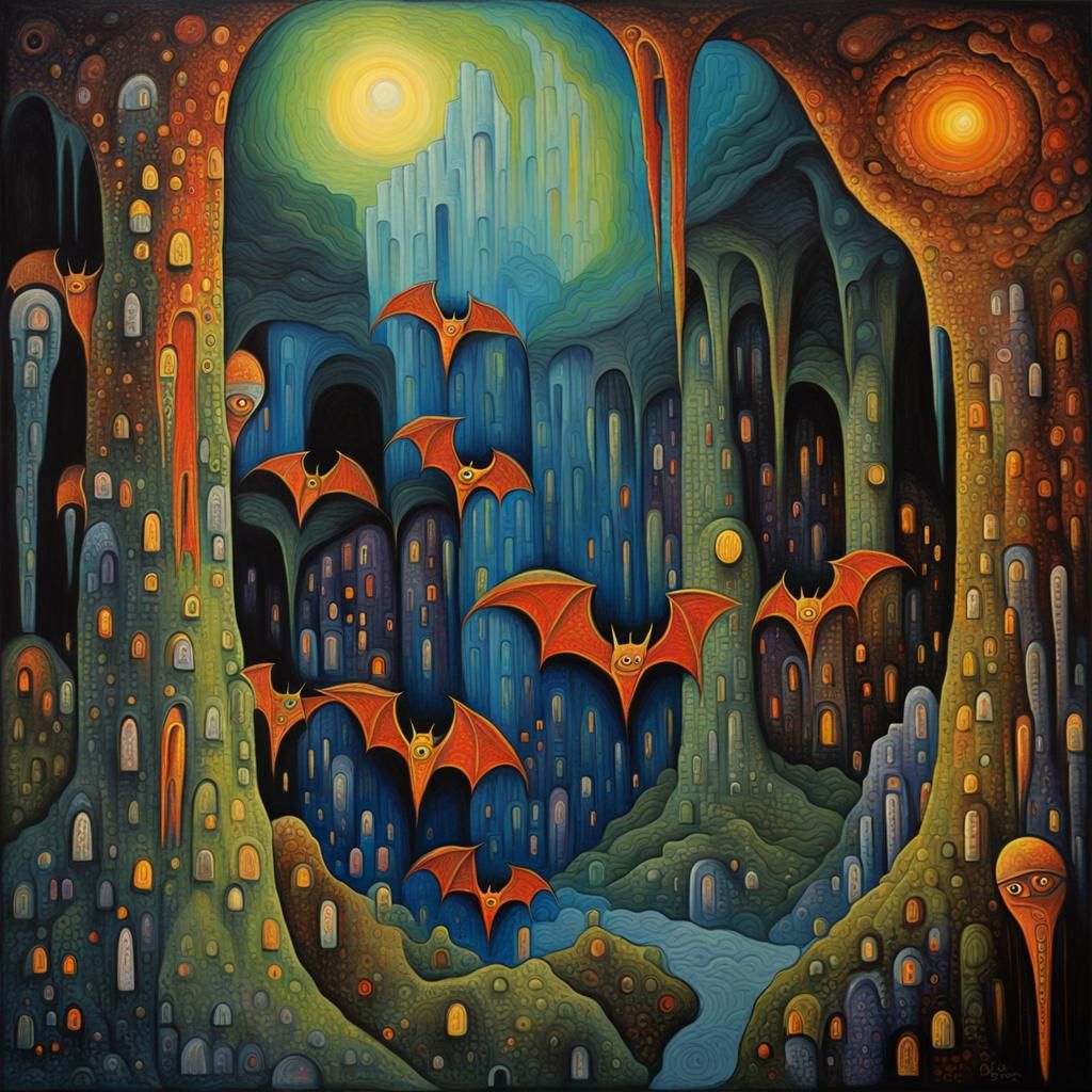 Mystic Bats in Cave, Expressionist Oil Painting