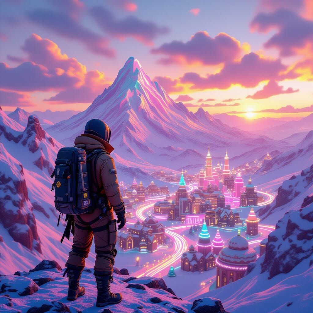 Explorer Over Candy Mountains & Gingerbread City at Sunset