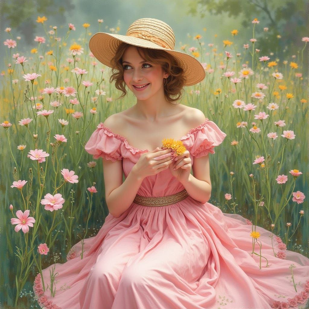 Elegant European Woman in Pastel Rose Gown Surrounded by Fre...