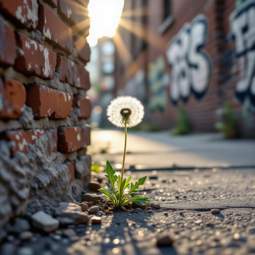 Hyperrealistic Dandelion Bursting Through Urban Decay