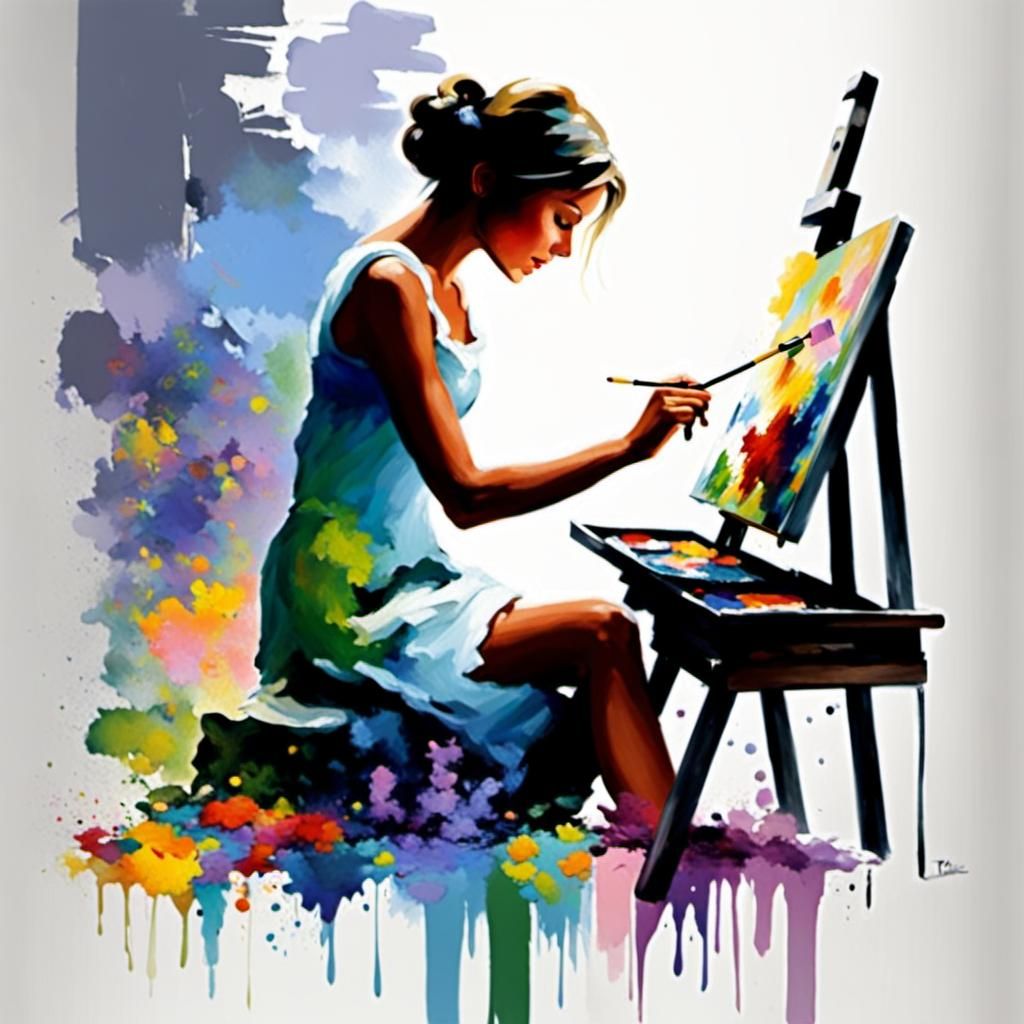 Elegant Woman and Cat in Abstract Expressionist Style