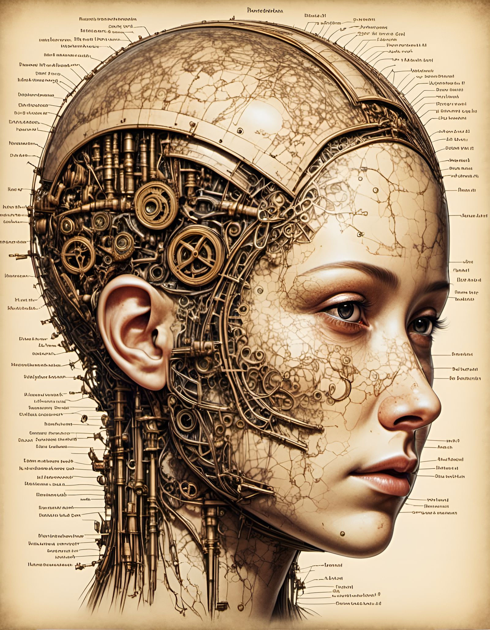 Steampunk Woman's Head Schematic in Pencil Style