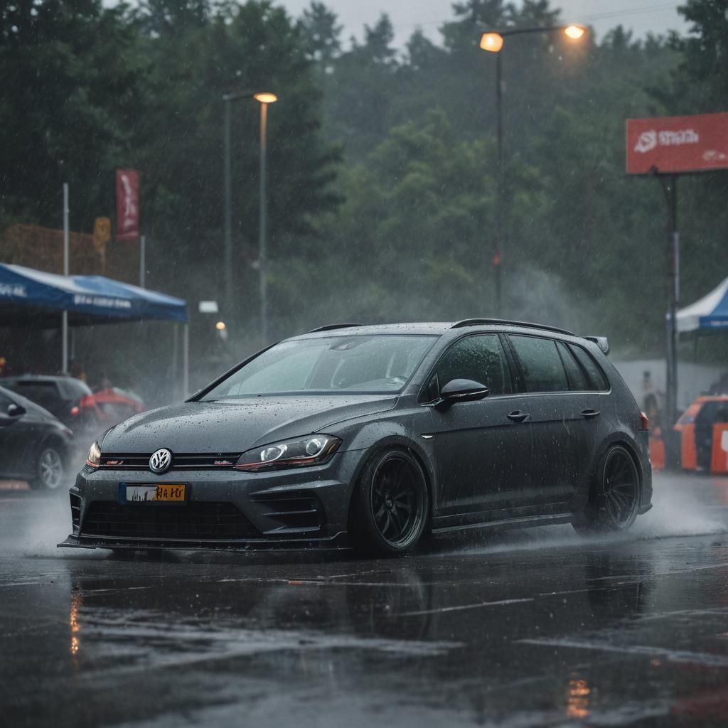 Widebody VW Golf 7R Drifting in Rainy Car Show