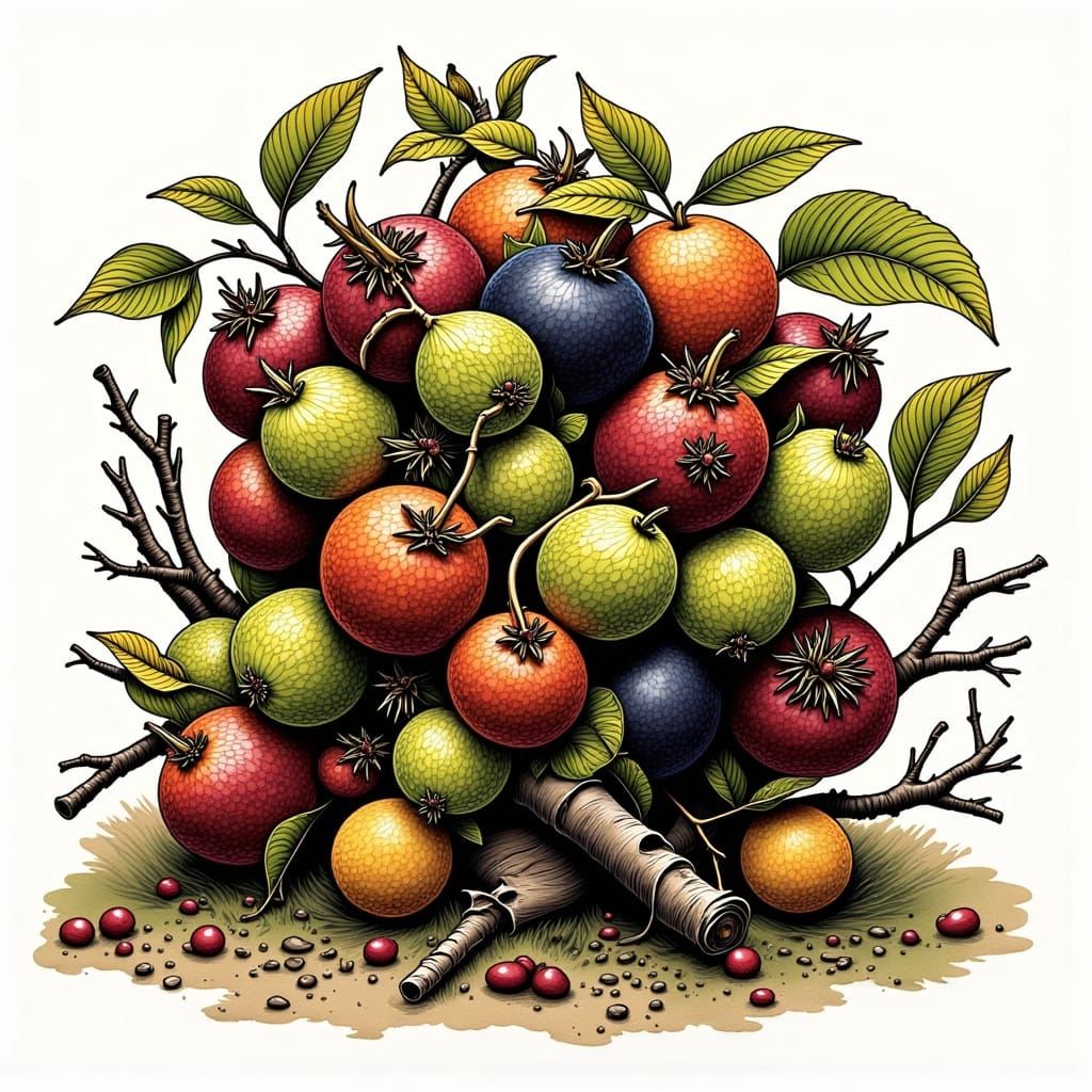 Mysterious Sorrowfruit Bramble in a Dark, Whimsical Style