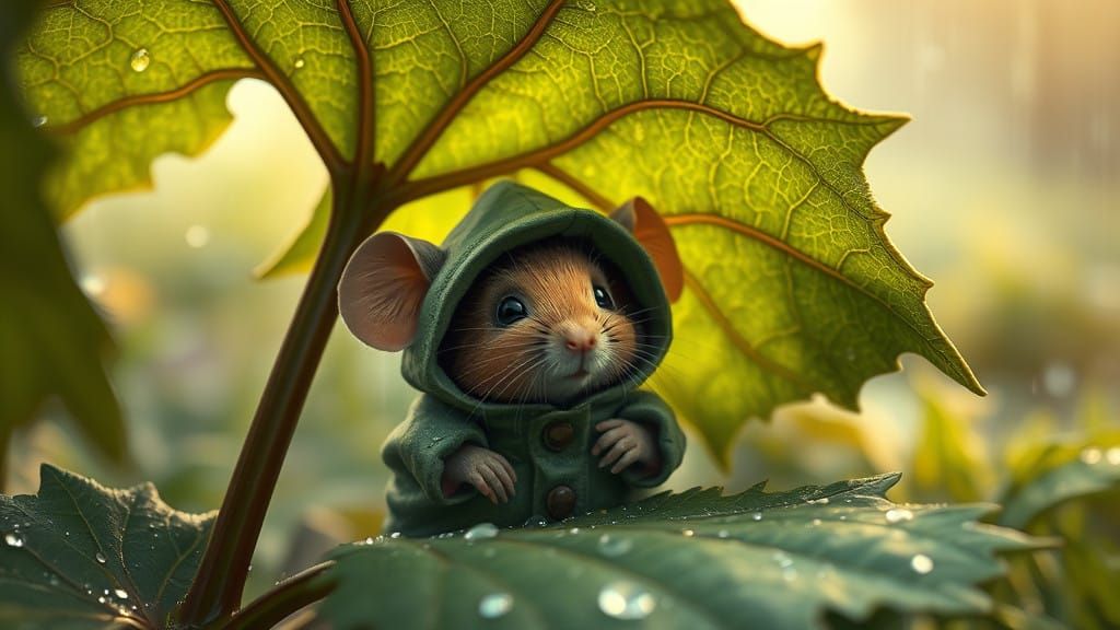 Tiny Mouse Finds Shelter Under a Vibrant Burdock Leaf