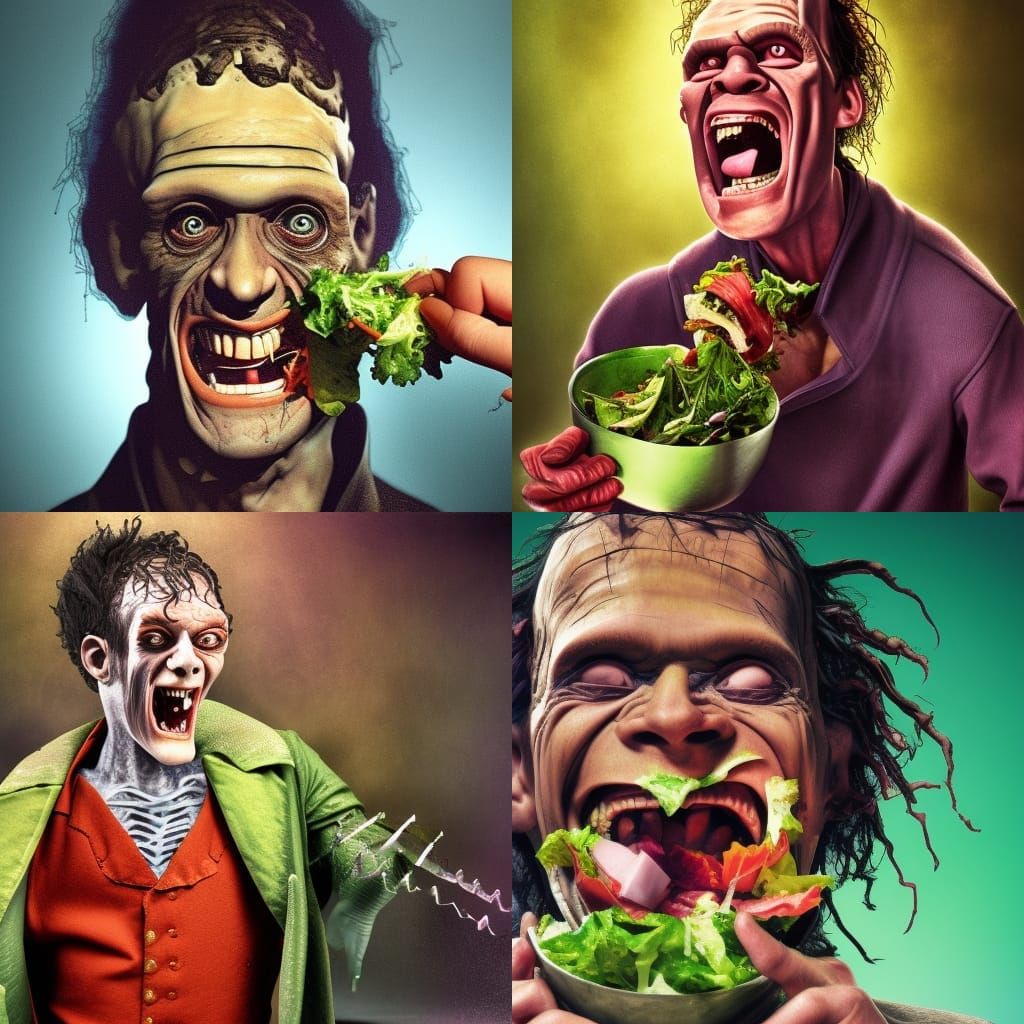 Hyperrealistic Frankenstein Laughing and Eating Salad