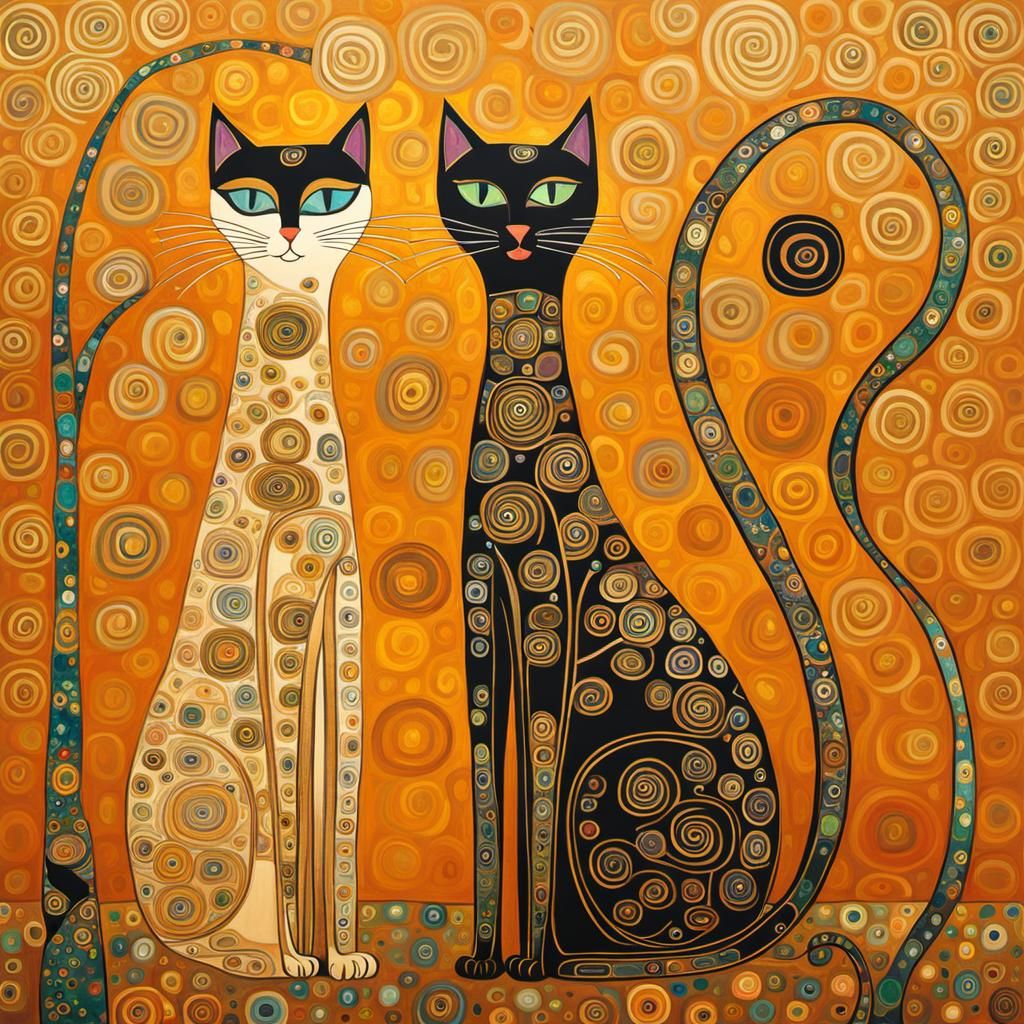 Elongated Cats in Klimt Style