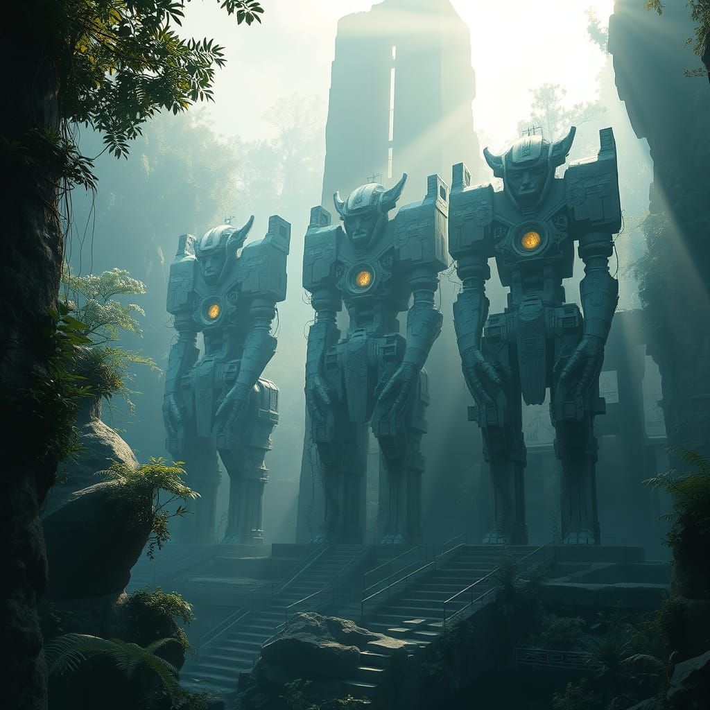 Overgrown ruins of an ancient civilization hidden deep in the jungle