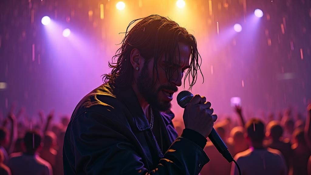 Electrifying Rapper Performing in Stormy Fantasy World