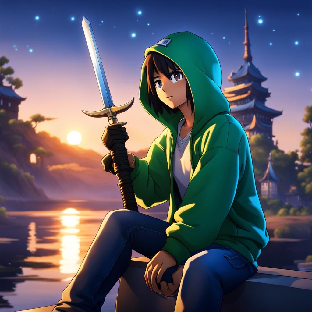 Duck Avatar with Sword at Blue Hour, Anime Style