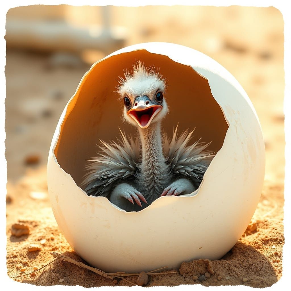Baby Ostrich Emerges, Whimsical Illustration