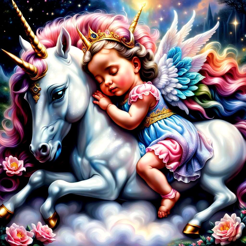 Baby Princess and Unicorn in Ethereal Fantasy Style