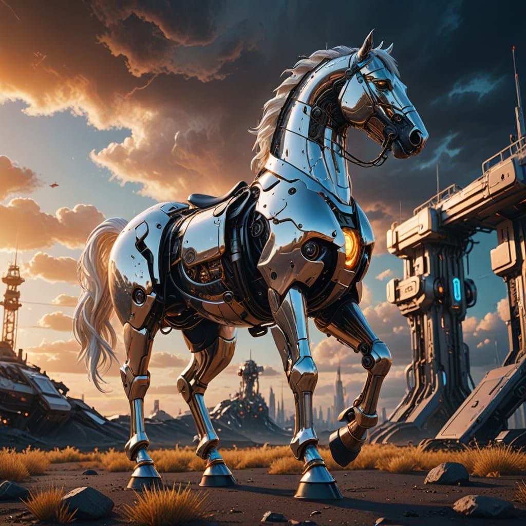 Epic Sci-Fi Horse in Shimmering Metallic Armor