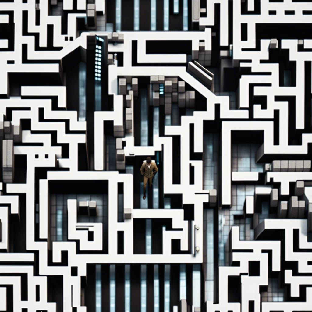 Cyberpunk Man Lost in Sci-Fi Maze: Top-Down View
