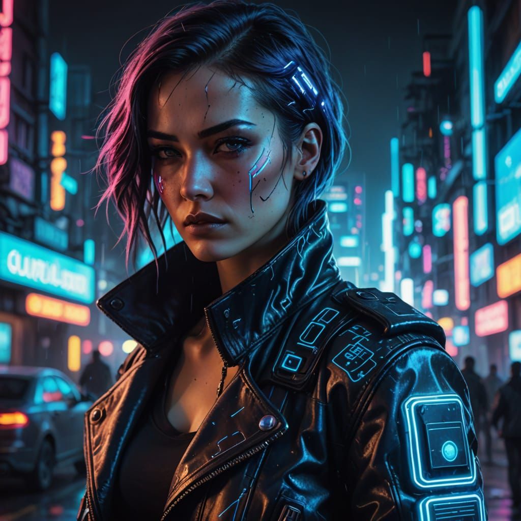 Cyberpunk Woman with Gun in Neon City