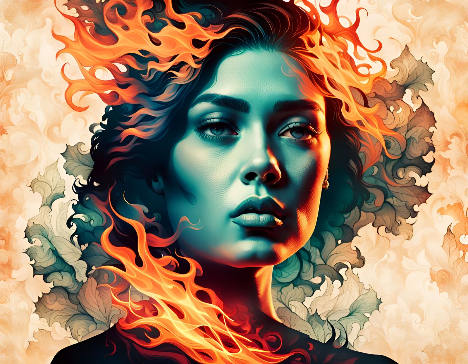 Fiery Silhouette: Double Exposure Optical Illustration