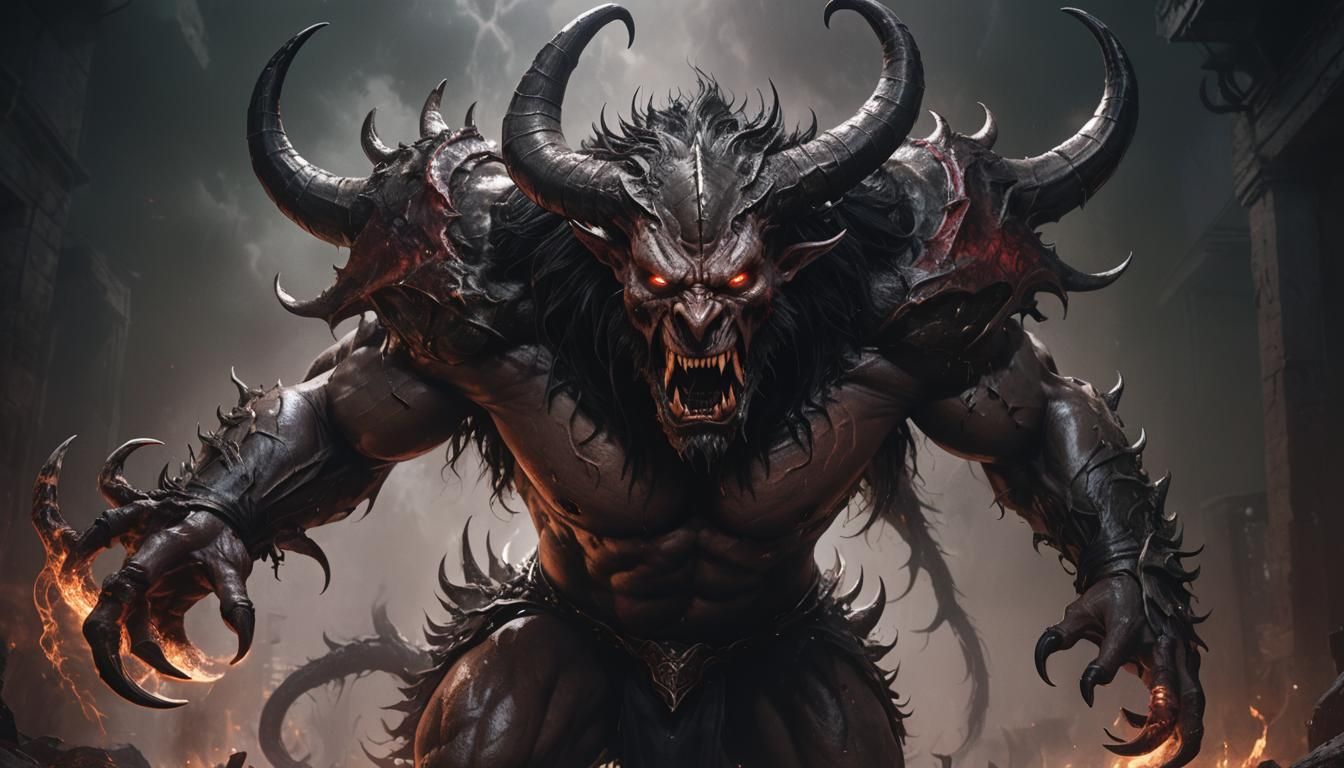 A very wide, full-body, photorealistic picture of an angry, demonic creature with horns and large fangs. It has black sk...