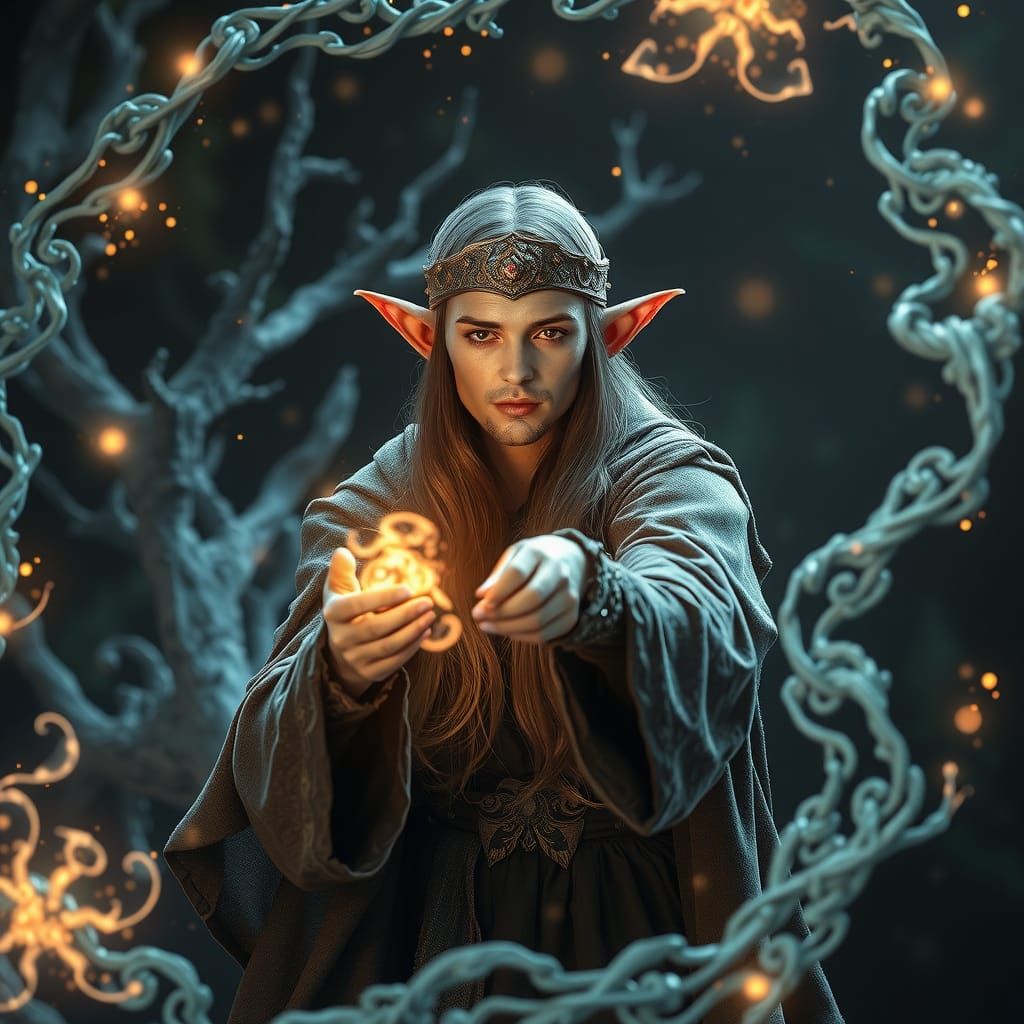 Elven Mage Casting Spell with Runic Aura
