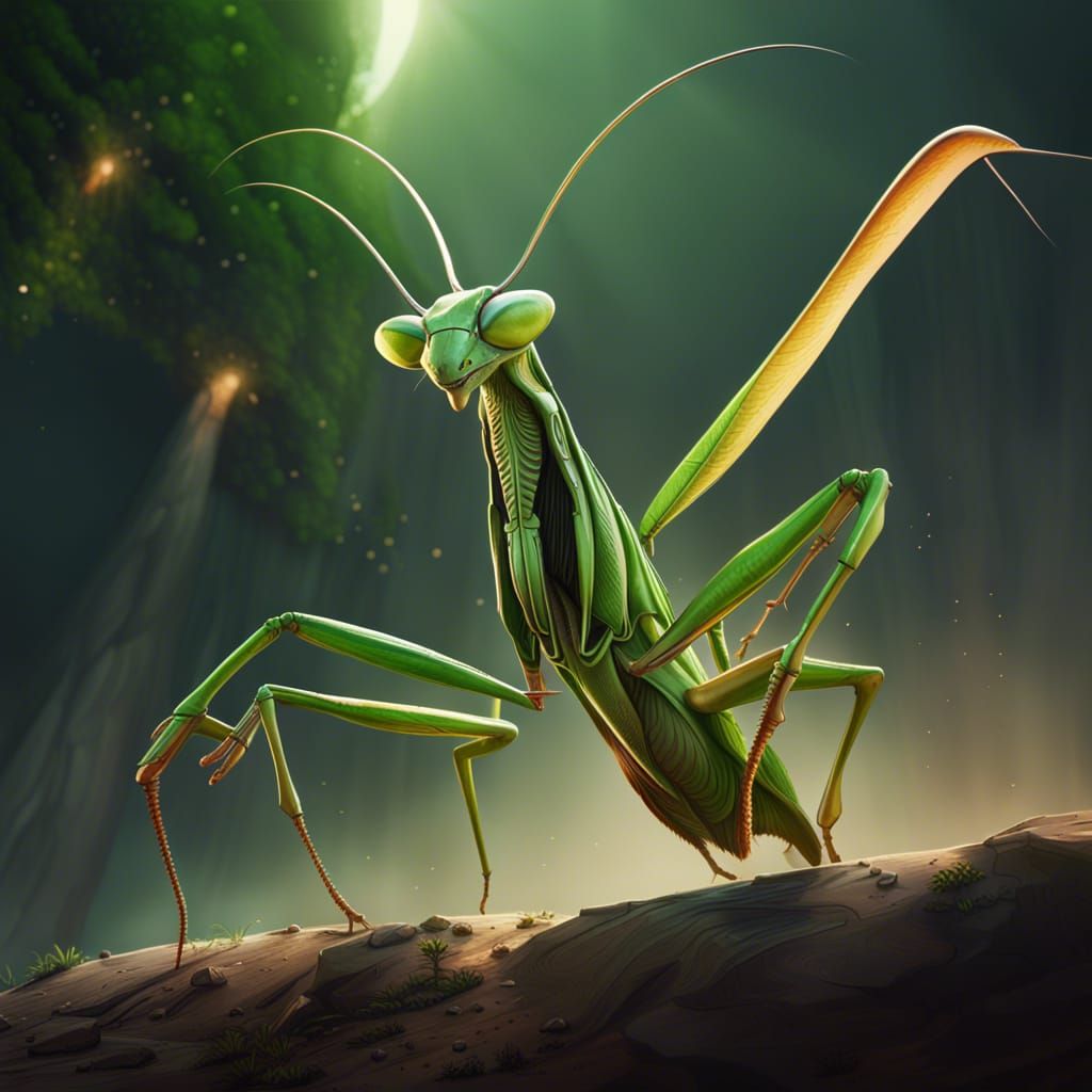 Gargantuan Praying Mantis Jumps in a Poster Artwork