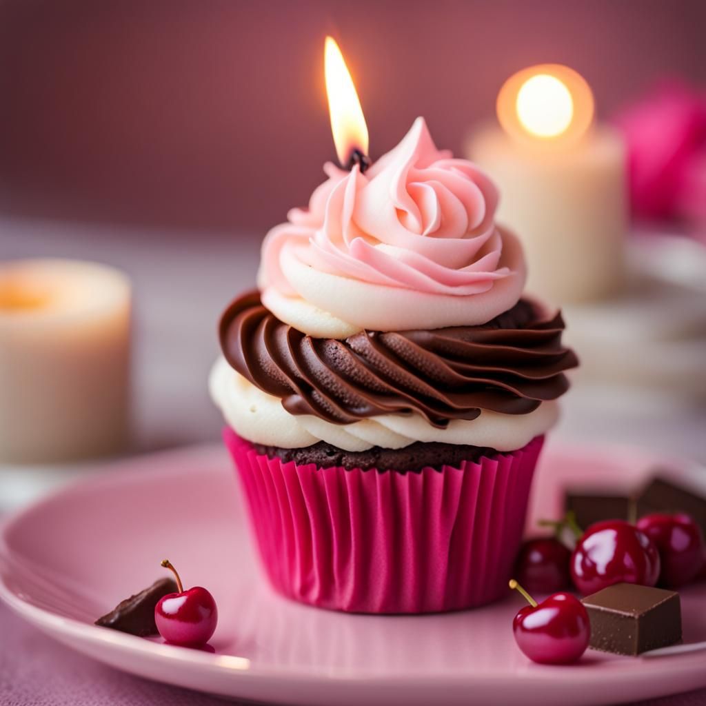 Elaborate Cherry Chocolate Cupcake with Candle
