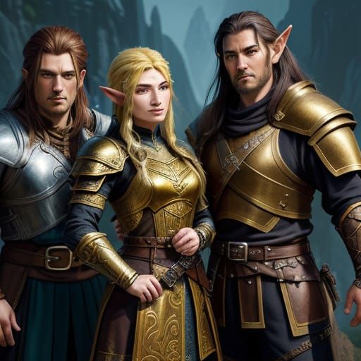 Fantasy Bard and Warriors in Golden Light