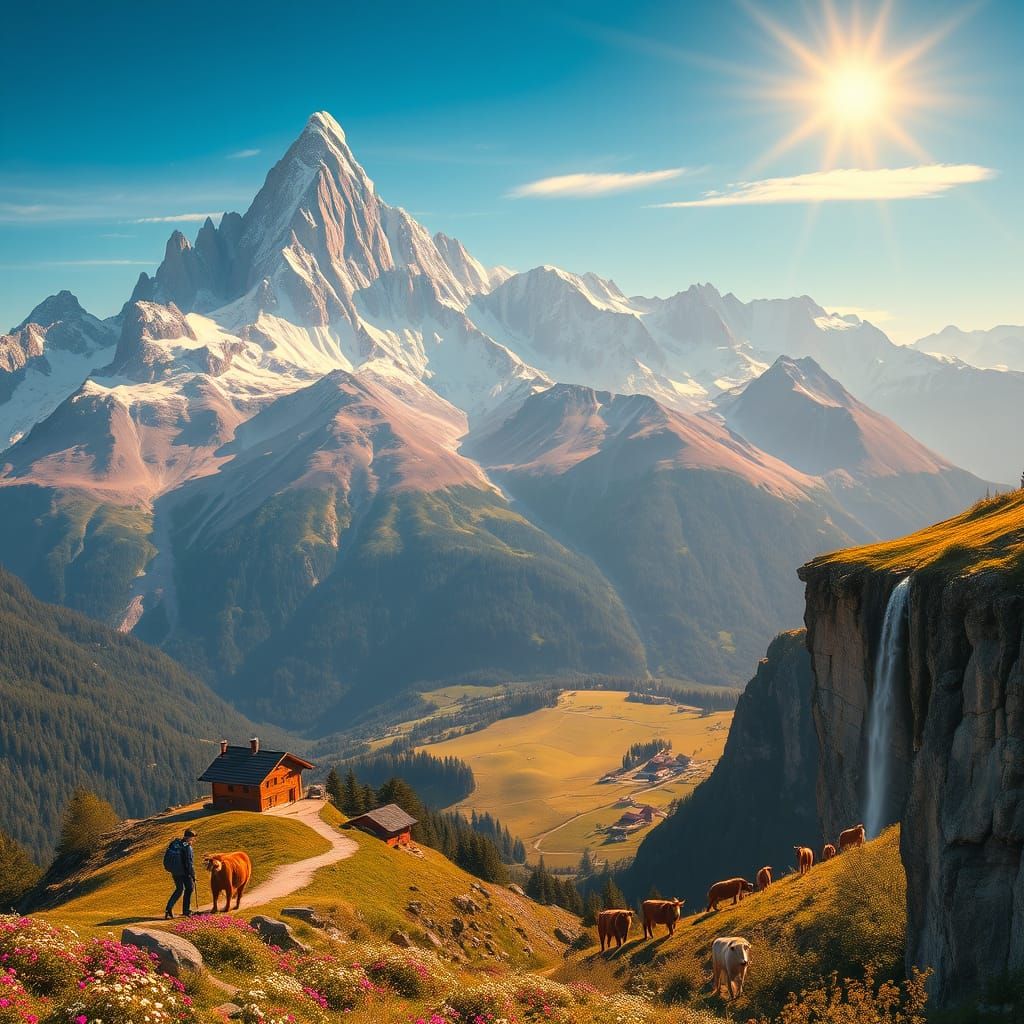 Alps Vista: Majestic Peaks, Valleys, and Hiker in Golden Hou...