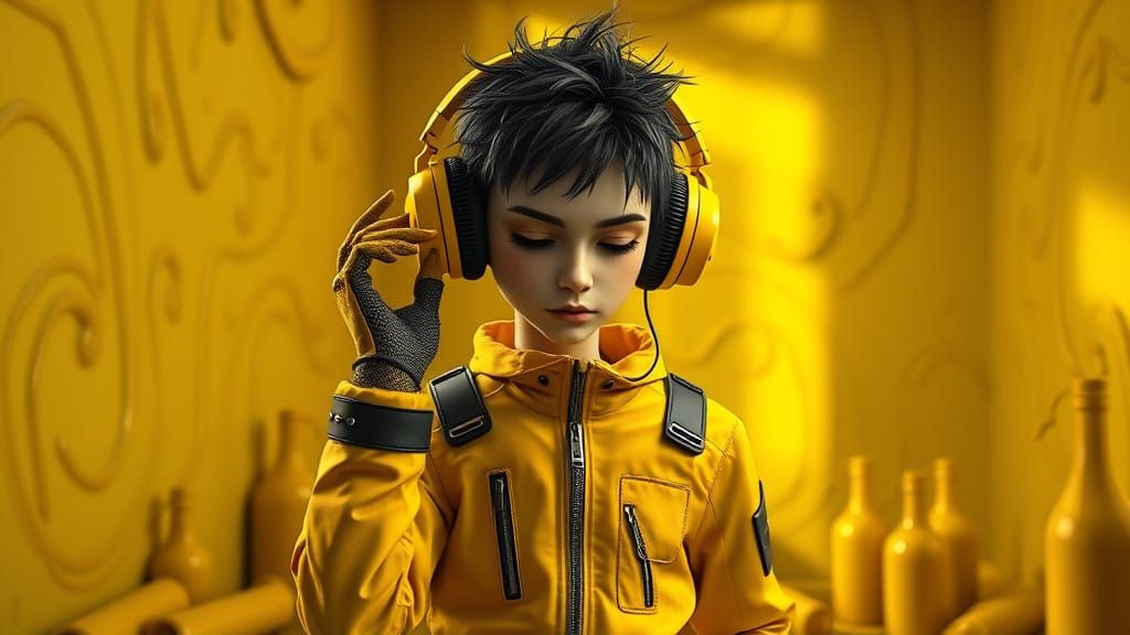 Humanoid Figure in Mustard-Themed Room