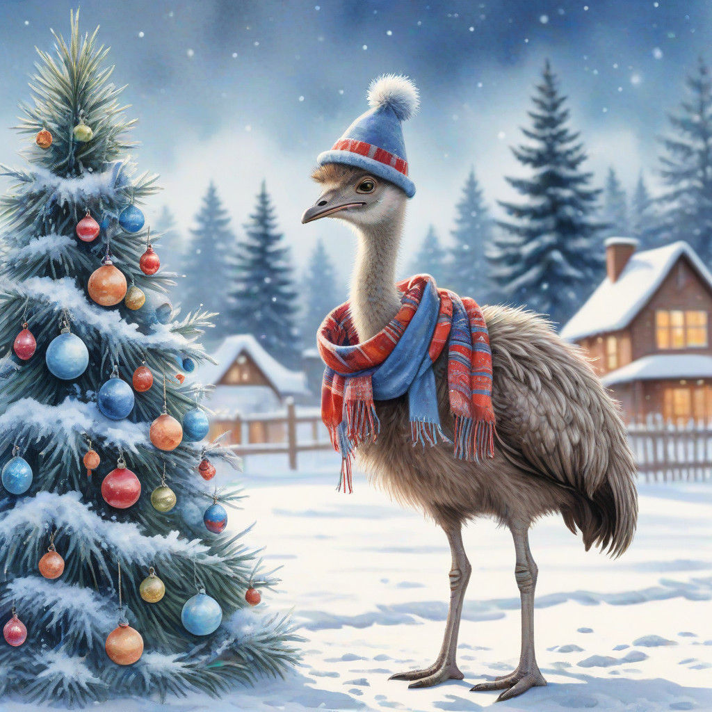 Watercolor Christmas Ostrich Decorating Tree in Snowy Backya...